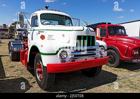 Trucks Australia / International R 190 Series Semi Truck `s der Goldgräberstadt Clunes aus den 1850er Jahren in Victoria Australia. Stockfoto